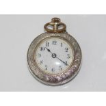 Ladies silver & enamel pocket watch rear has mauve enamel with gold fleur-de-lis pattern- minor