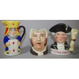 Two Royal Doulton character jugs and a toby jug to include Jim Beam Captain Cook, King and Queen