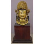 Nepalese gilt bronze Indra bust statue on timber stand, (deity of guardian),H38cm approx