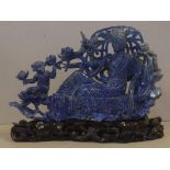 Lapis Lazuli seated Quan yin & floral figurine on carved timber stand, H21cm approx