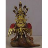 Tibetan gilt metal Naga-kanya figure holding a conch shell, (the snake women), H43cm approx