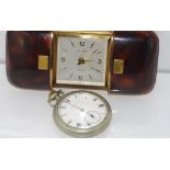 Elgin open faced pocket watch together with an ESTYMA travelling alarm clock