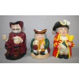 Three Royal Doulton toby jugs to include Falstaff, Town Crier D6920 and Honest Measure, 14cm high (