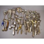 Collection of antique and vintage silver plate flat wear including a horn handled crumb tray,