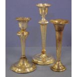 Two sterling silver candlesticks & a vase with various English hallmarks, 513grams weighted total