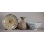 Two various Thai Sawankoloke pieces etc inc bottle shaped flask and shallow dish; together with