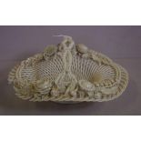 Victorian Belleek porcelain basket with applied floral decoration, losses to rim, 27cm wide