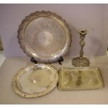 Three vintage silver plated trays & a candlestick 35cm diameter (largest)