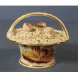 Early Victorian miniature pot pouri basket Applied blossoms to lid of basket; painted