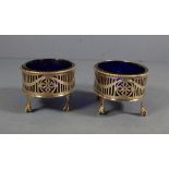 Pair George V HM sterling silver open salts Sheffield 110, makers HE Ltd. Pierced gallery.