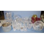 Quantity of cut crystal & other glass pieces including basket vases, bowl, tankards, ice bucket, red