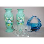 Pair of Victorian handpainted green glass vases together with six etched sherry glasses and blue art