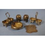Six various early sterling silver pieces including pair open salts; ladies small mesh purse; pair
