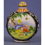 Chinese enamel snuff bottle with figural and floral decoration, H8cm approx