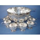 English silver plated punch set comprising large bowl, 8 cups & a ladle