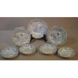 Seven miniature blue & white dishes