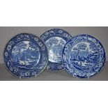 Three Victorian 'Wild Rose' blue & white plates