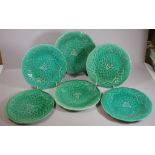 Six French green leaf Majolica plates