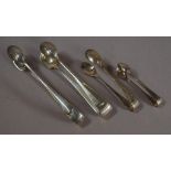 Four various sterling silver sugar tongs