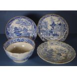 Three early blue & white transfer saucer dishes