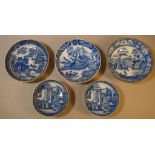 Five early pearlware blue & white dishes