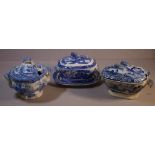 Three assorted blue & white transfer sauce tureens