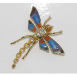 9ct yellow gold, enamel & diamond dragonfly brooch