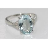 18ct white gold, oval aquamarine and diamond ring