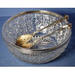 Large cut glass bowl with silver plate rim