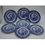 Seven old Willow blue & white pattern plates