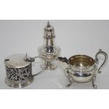 Sterling silver mustard pot, jug and pepper shaker