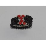 Coral and onyx bead adjustable ring
