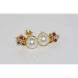 Yellow gold, pearl, diamond and ruby earrings