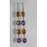 Long silver, amber and amethyst earrings