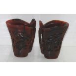 Two Chinese carved horn libation cups