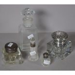 Two sterling silver & cut crystal ink well bottles