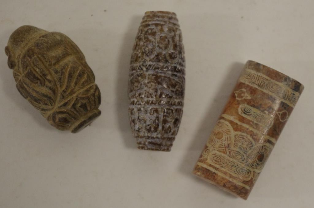 Three various Chinese carved hardstone beads