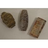 Three various Chinese carved hardstone beads