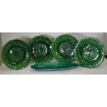 Four Majolica cabbage leaf plates