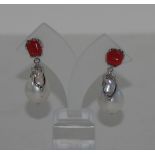 Pair of silver, baroque pearl and coral earrings