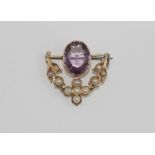 Victorian 9ct gold amethyst & seed pearl brooch