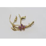 18ct yellow gold and amethyst leaf & flower brooch