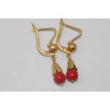 18ct yellow gold and red coral drop earrings