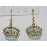 9ct yellow gold, emerald & diamond crown earrings