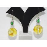 Honey amber and green stone earrings