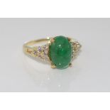 14ct yellow gold, emerald cabochon & diamond ring