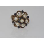 Yellow gold, pearl and sapphire ring marked 14K