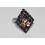 Sapphire & mixed gem ring marked 14K