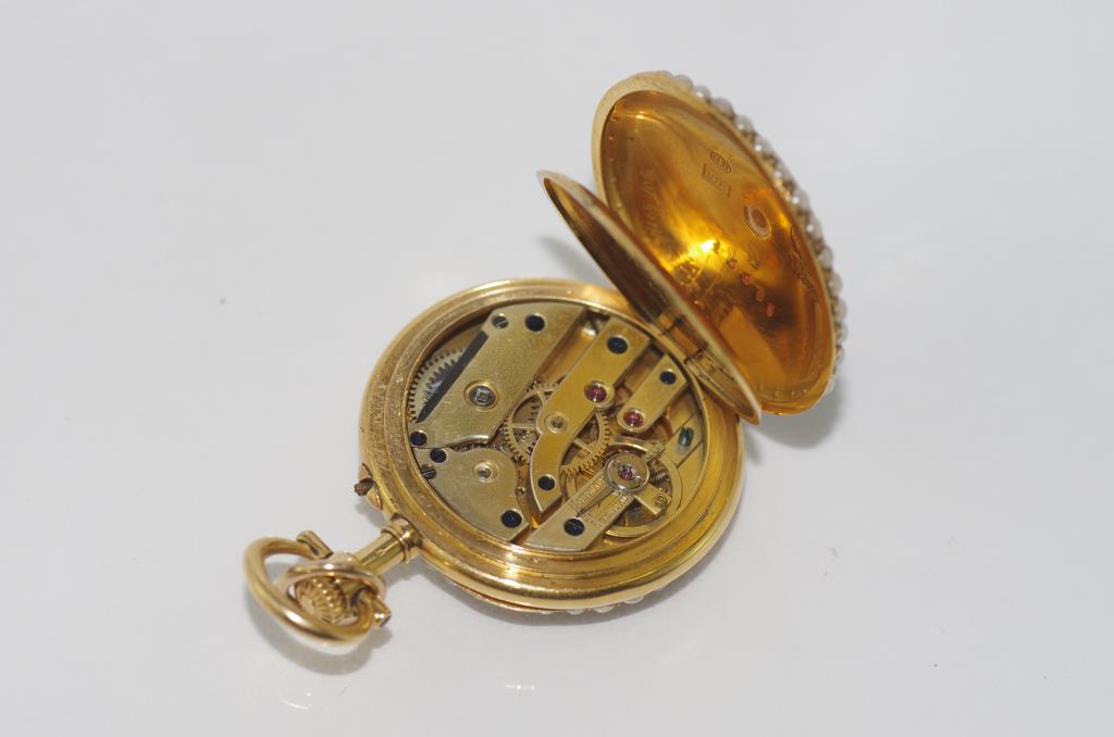 18ct gold, seed pearl and enamel fob watch - Image 2 of 5