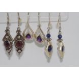 Three pairs silver, stone set earrings